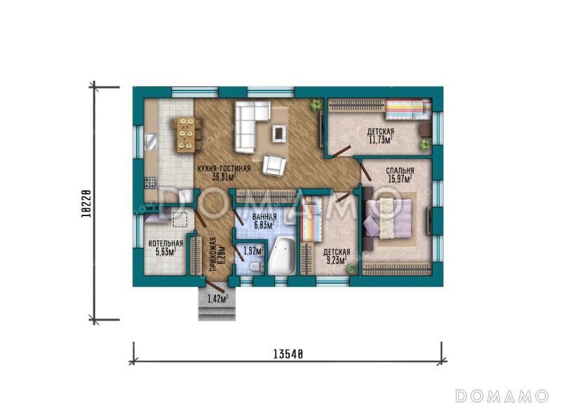 Проект простого дома с тремя спальнями, котельной и кухней-гостиной / План 1 этажа