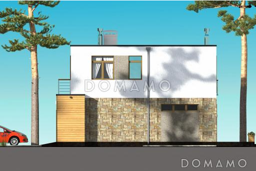 Проект дома с просторной открытой террасой, гаражом, спальнями и большим балконом-террасой на втором этаже / Фасад 2