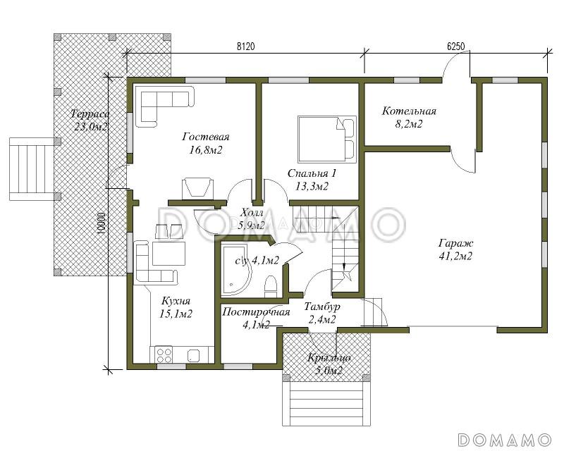 Проект двухэтажного коттеджа с большим гаражом / План 1 этажа