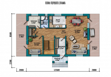Проект дома с террасой и четырьмя спальнями / План 1 этажа