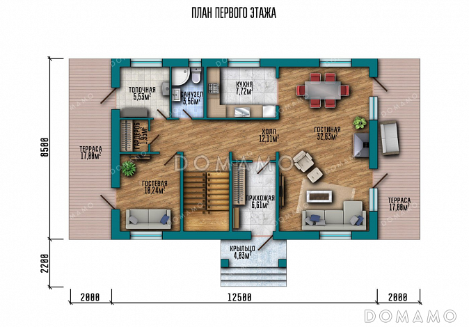 Проект дома с террасой и четырьмя спальнями / План 1 этажа