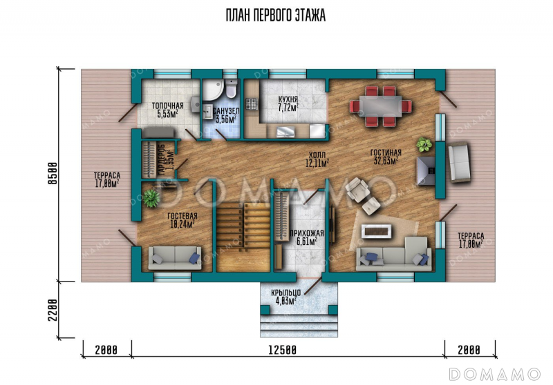 Проект дома с террасой и четырьмя спальнями / План 1 этажа