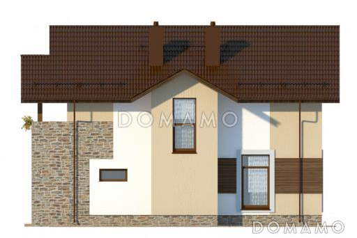 Проект коттеджа с пятью спальнями, коричневой крышей и белыми оштукатуренными стенами / Фасад 3