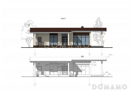 Проект бани с большой комнатой отдыха и крытой террасой / Фасад 2