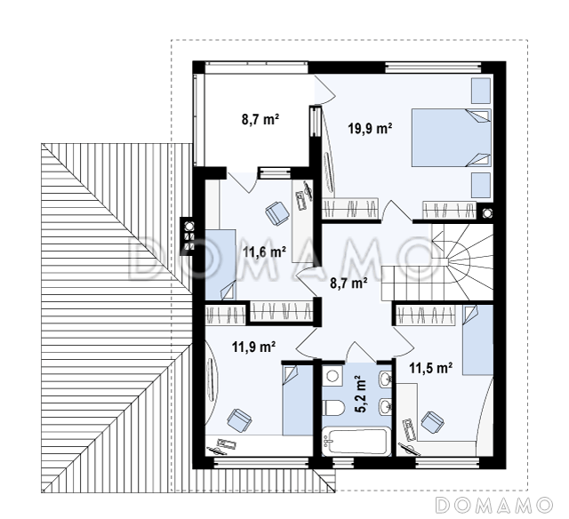 Проект современного каркасного двухэтажного дома с четырьмя спальнями, кабинетом и пристроенным гаражом / План 2 этажа