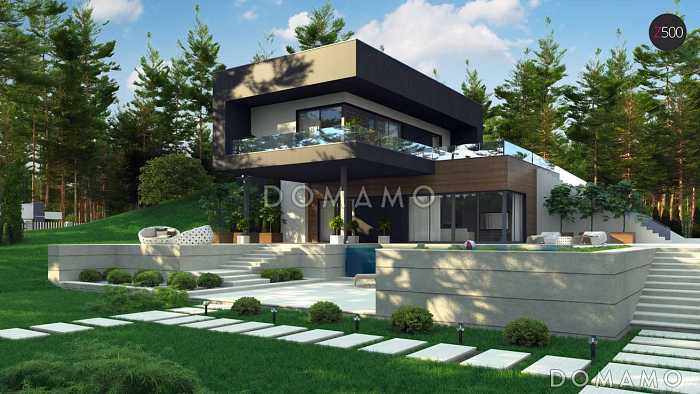 Проект современного двухэтажного дома из кирпича с плоской крышей необычного дизайна, подходит для участка со склоном