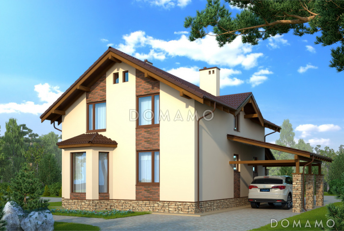 Проект вместительного коттеджа с каменными столбами крыльца и навеса Проект вместительного коттеджа с каменными столбами крыльца и навеса