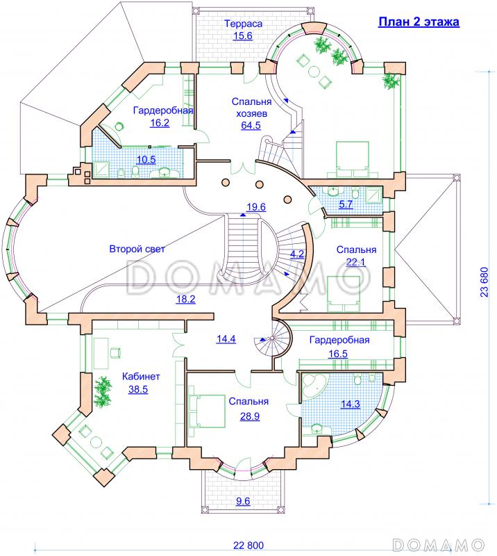 Проект романтичного коттеджа с гаражом и башенкой / План 2 этажа