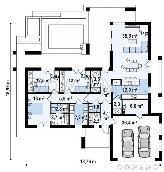 Проект современного одноэтажного углового дома из кирпича с плоской крышей, барбекю на террасе и двухместным гаражом / План 1 этажа