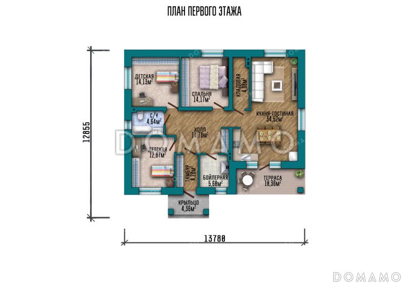 Проект одноэтажного дома с террасой и крыльцом с колоннами / План 1 этажа