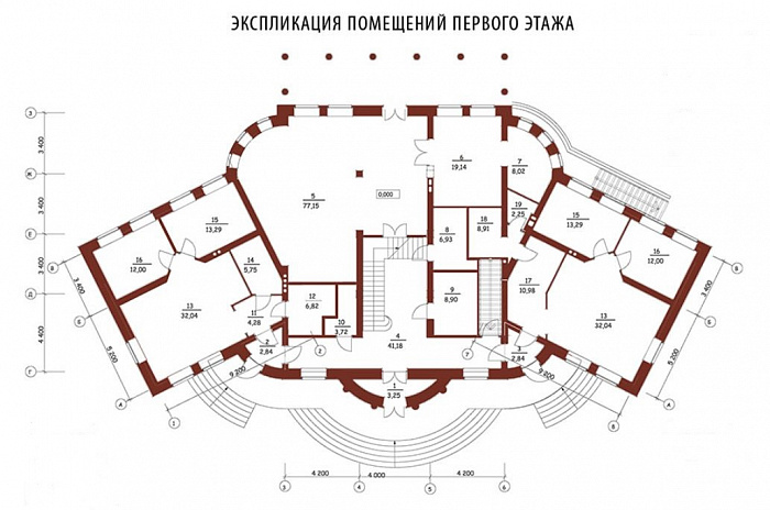 Проект двухэтажного дома из кирпича с правым и левым крылом / План 1 этажа