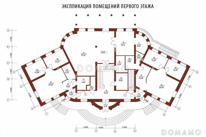 Проект двухэтажного дома из кирпича с правым и левым крылом / План 1 этажа Проект двухэтажного дома из кирпича с правым и левым крылом / План 1 этажа
