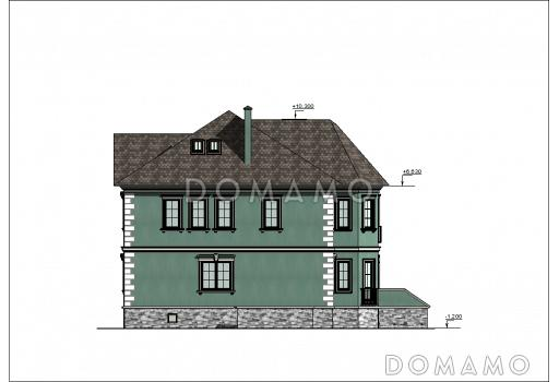 Проект большого двухэтажного дома с цоколем и мансардой,с эркером, сауной и бассейном / Фасад 3