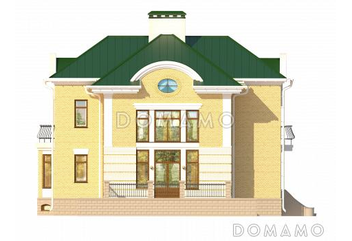 Проект дома с эркером, цокольным этажом с окнами, бассейном и сауной, вторым светом, спальней с балконом / Фасад 1