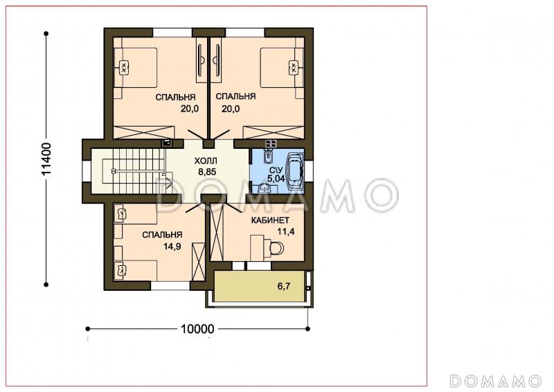 Проект бежевого двухэтажного дома с лоджией над крыльцом / План 2 этажа