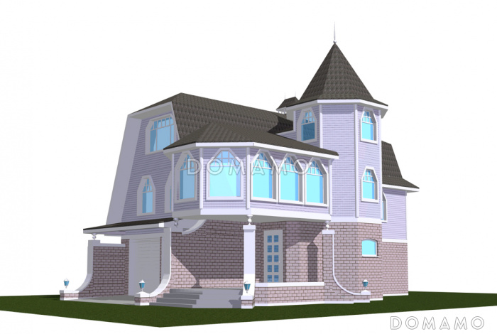 Проект большого коттеджа с башенкой, зимним садом и гаражом