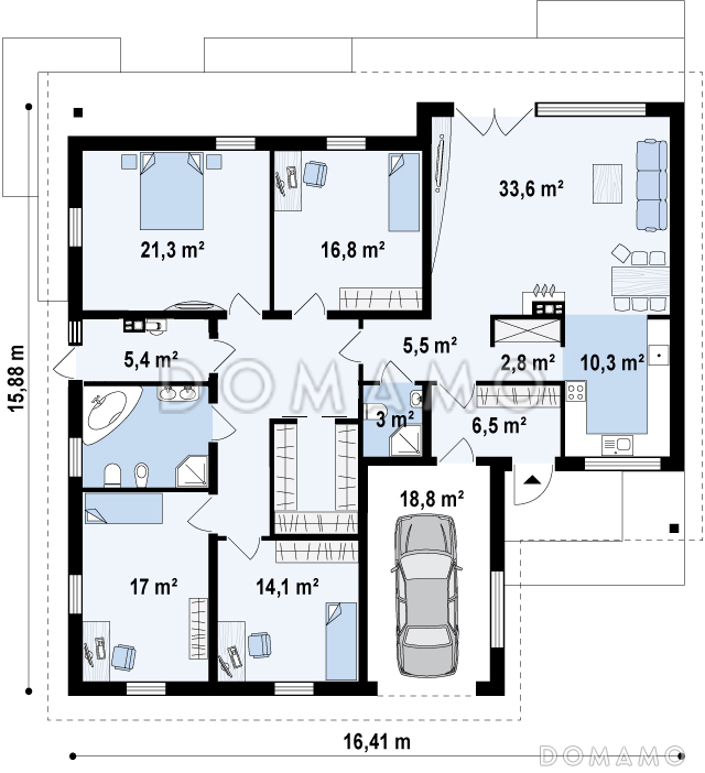Проект просторного одноэтажного дома из кирпича с четырьмя спальнями и гаражом для одного автомобиля / План 1 этажа