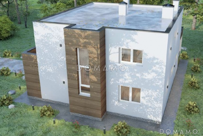 Проект двухэтажного дома с плоской крышей, изолированной кухней-столовой, гостиной с выходом на террасу, гостевой комнатой Проект двухэтажного дома с плоской крышей, изолированной кухней-столовой, гостиной с выходом на террасу, гостевой комнатой