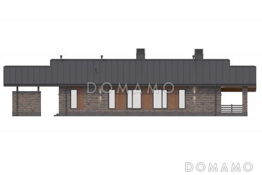 Проект одноэтажного кирпичного дома с 3 спальнями, кладовой при кухне, навесом для двух автомобилей и угловой террасой с печью-барбекю / Фасад 2