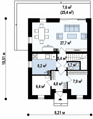 Проект компактного одноэтажного мансардного дома из кирпича с тремя спальнями, кабинетом и террасой на втором этаже / План 1 этажа Проект компактного одноэтажного мансардного дома из кирпича с тремя спальнями, кабинетом и террасой на втором этаже / План 1 этажа
