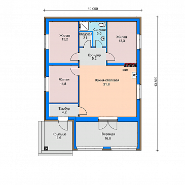 Проект загородного дома с верандой, просторной кухней-столовой, кладовой, жилыми комнатами / План 1 этажа Проект загородного дома с верандой, просторной кухней-столовой, кладовой, жилыми комнатами / План 1 этажа