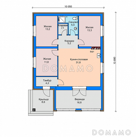 Проект загородного дома с верандой, просторной кухней-столовой, кладовой, жилыми комнатами / План 1 этажа Проект загородного дома с верандой, просторной кухней-столовой, кладовой, жилыми комнатами / План 1 этажа