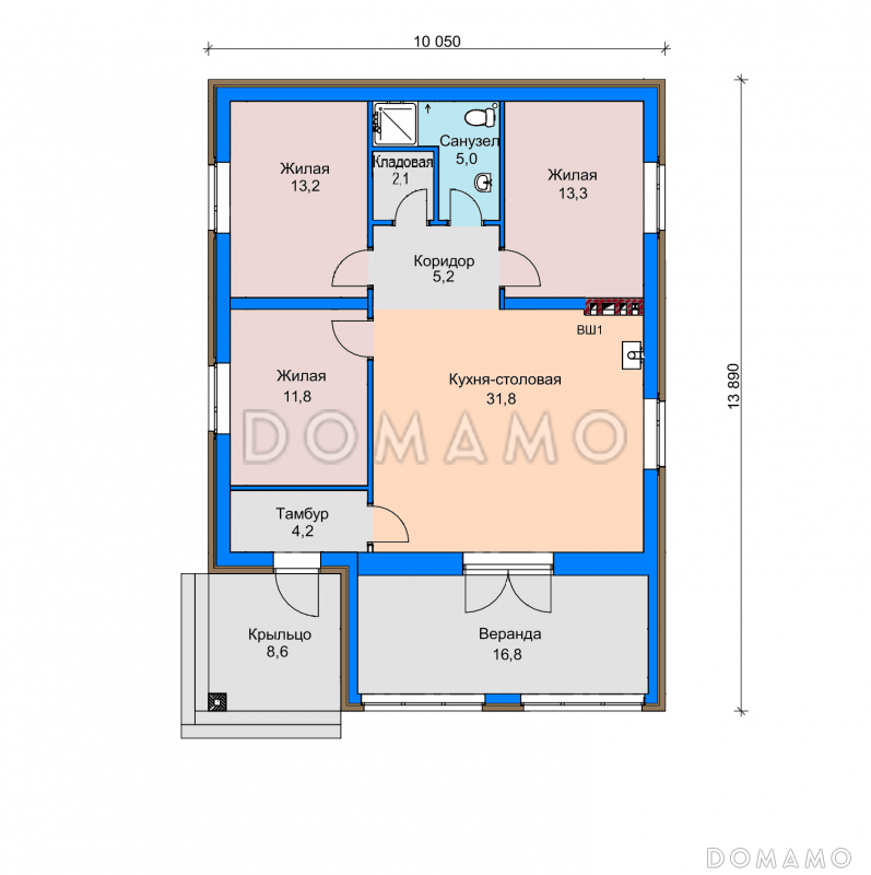 Проект загородного дома с верандой, просторной кухней-столовой, кладовой, жилыми комнатами / План 1 этажа