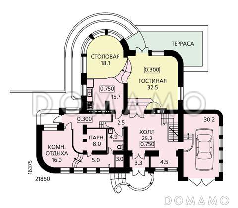 Проект комфортабельного дома с необычной формой в плане, гаражом и парной / План 1 этажа