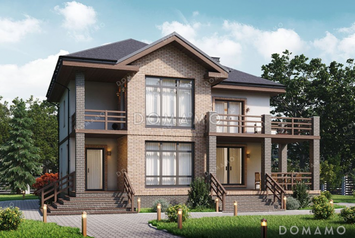 Проект двухэтажного дома с террасой и тремя спальнями Проект двухэтажного дома с террасой и тремя спальнями