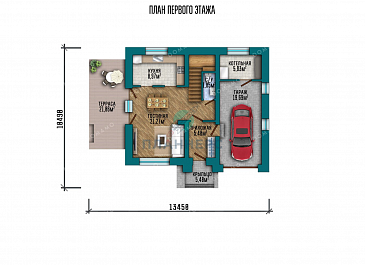 Проект одноэтажного дома с мансардой, большой террасой и гаражом / План 1 этажа Проект одноэтажного дома с мансардой, большой террасой и гаражом / План 1 этажа