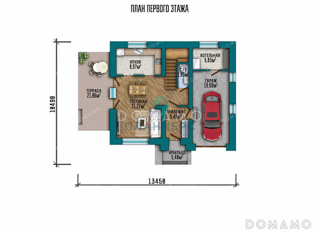 Проект одноэтажного дома с мансардой, большой террасой и гаражом / План 1 этажа Проект одноэтажного дома с мансардой, большой террасой и гаражом / План 1 этажа