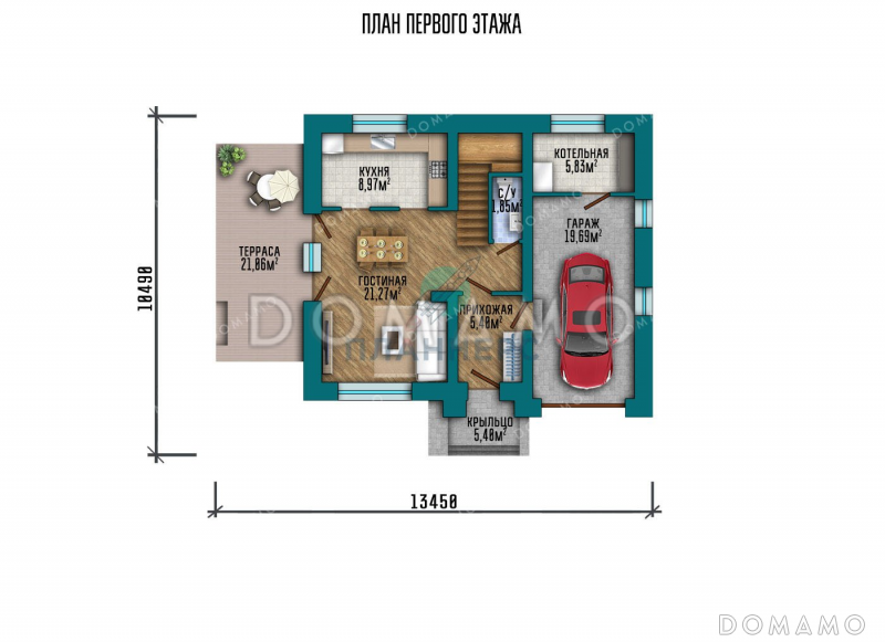 Проект одноэтажного дома с мансардой, большой террасой и гаражом / План 1 этажа