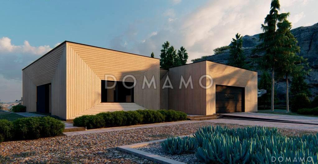 Проект одноэтажного дома с плоской крышей, просторной кухней-гостиной, гаражом на две машины, мастер-спальней / 6