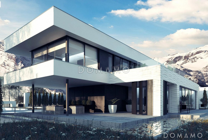 Проект просторного современного двухэтажного дома из кирпича с плоской крышей,  с верандой, гаражом и террасами на обоих этажах Проект просторного современного двухэтажного дома из кирпича с плоской крышей,  с верандой, гаражом и террасами на обоих этажах