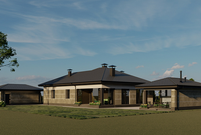 Проект одноэтажного газобетонного дома с двумя спальнями, гардеробными, кладовой на кухне и крытой террасой