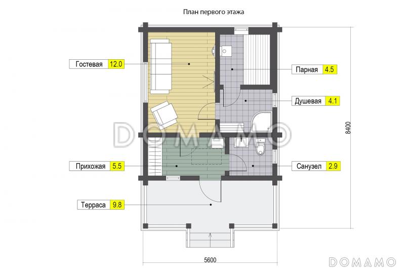 Проект бани с гостевой комнатой, террасой, парной и душевой / План 1 этажа