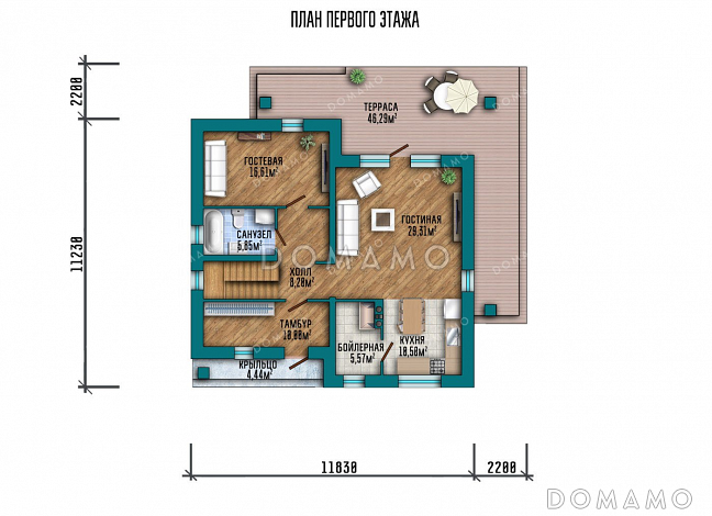 Проект дома с мансардой и террасой в современном стиле / План 1 этажа Проект дома с мансардой и террасой в современном стиле / План 1 этажа