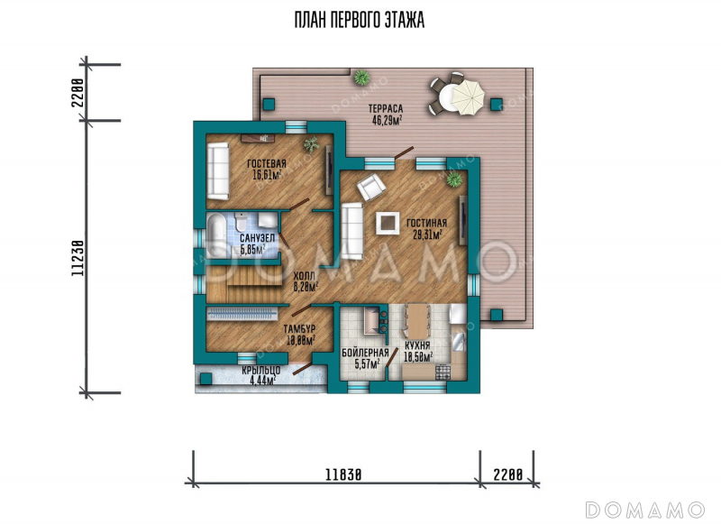 Проект дома с мансардой и террасой в современном стиле / План 1 этажа