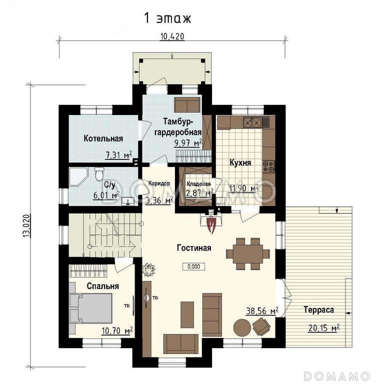 Проект загородного дома с кладовой в кухне, просторной гостиной, террасой, балконом / План 1 этажа
