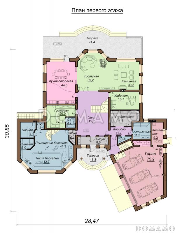 Проект большого двухэтажного дома с мансардой,с эркером, гаражом, сауной и бассейном / План 1 этажа