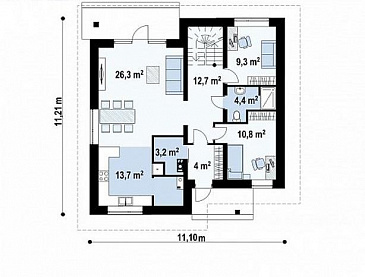 Проект двухэтажного дома с балконом, кабинетом и спальней на первом этаже, тремя спальными комнатами на втором / План 1 этажа Проект двухэтажного дома с балконом, кабинетом и спальней на первом этаже, тремя спальными комнатами на втором / План 1 этажа