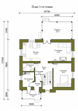 Проект одноэтажного дома из газобетона с мансардой и четырьмя спальнями / План 1 этажа