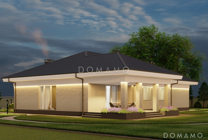 Проект одноэтажного каркасного дома с цветочной террасой и просторной кухней-гостиной