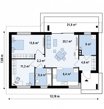 Проект небольшого одноэтажного дома из кирпича с отделённой спальной зоной / План 1 этажа Проект небольшого одноэтажного дома из кирпича с отделённой спальной зоной / План 1 этажа