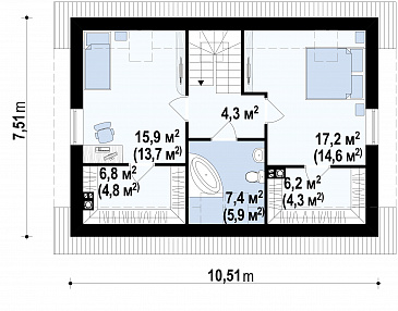Проект простого одноэтажного мансардного дома из кирпича с тремя спальнями и индивидуальными гардеробными / План мансардного этажа Проект простого одноэтажного мансардного дома из кирпича с тремя спальнями и индивидуальными гардеробными / План мансардного этажа