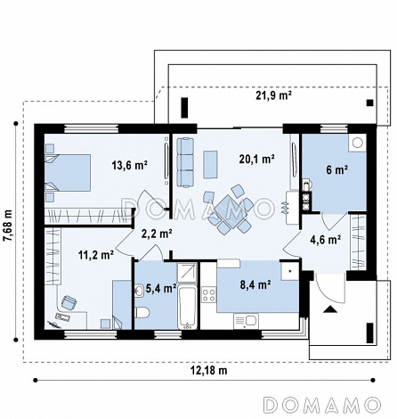 Проект небольшого одноэтажного дома из кирпича с отделённой спальной зоной / План 1 этажа Проект небольшого одноэтажного дома из кирпича с отделённой спальной зоной / План 1 этажа