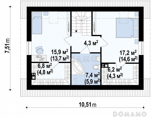 Проект простого одноэтажного мансардного дома из кирпича с тремя спальнями и индивидуальными гардеробными / План мансардного этажа Проект простого одноэтажного мансардного дома из кирпича с тремя спальнями и индивидуальными гардеробными / План мансардного этажа