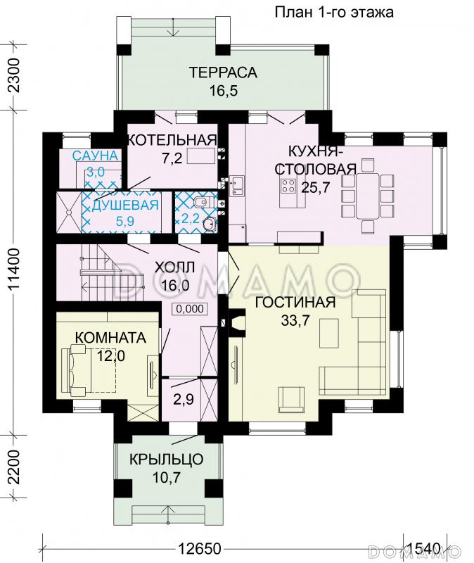 Проект дома из газобетона с сауной и тремя спальными комнатами / План 1 этажа