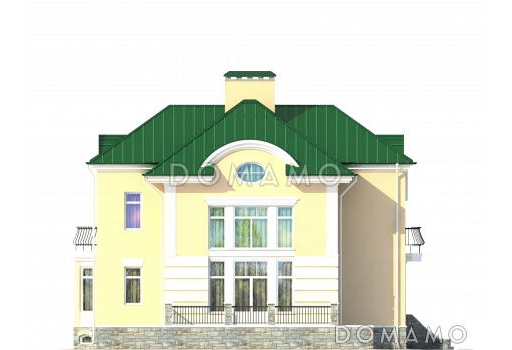 Проект дома с цокольным этажом, бассейном и сауной, кухней с эркером, открытой террасой, бильярдной на мансарде / Фасад 4