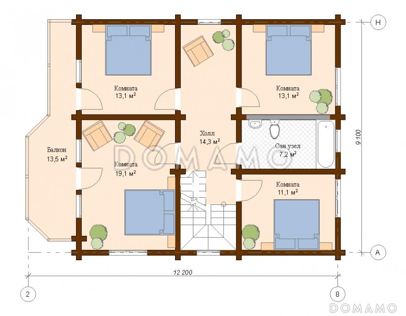 Проект дома из клееного бруса с большим балконом на мансардном этаже / План мансардного этажа